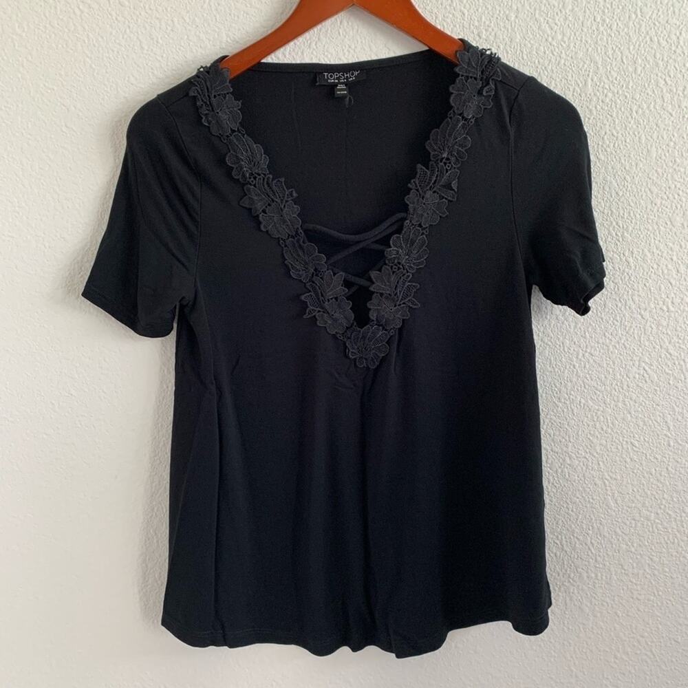 TOPSHOP Black Floral Embroidered Strappy V-Neck Top US4